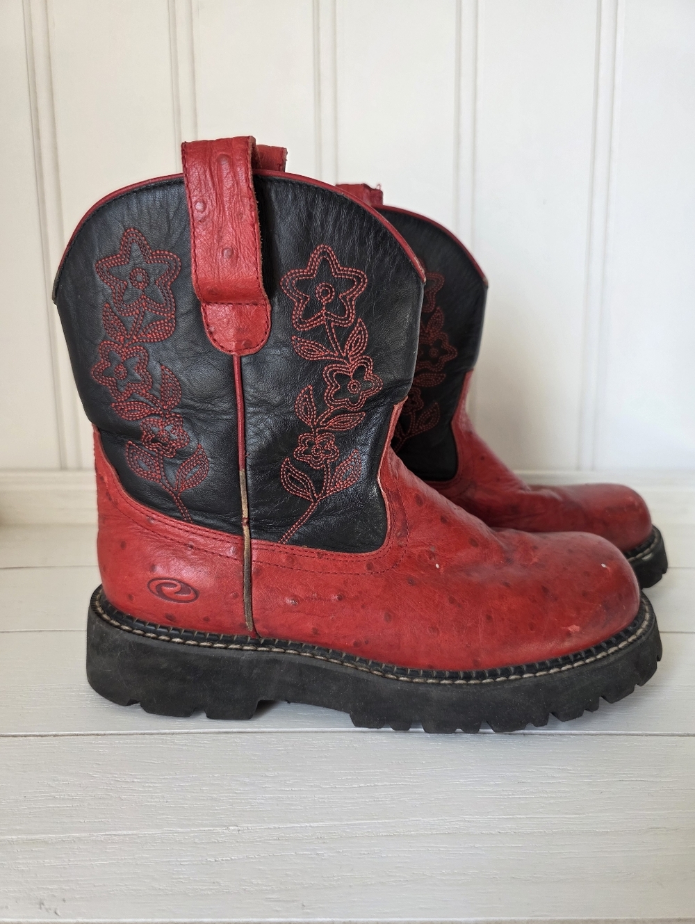 Roper Leather Ostrich Print Floral Red Black Western Boots Womens Size 7